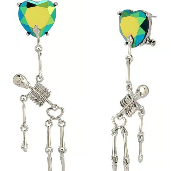NWT $40 BETSEY JOHNSON Iridescent Heart Skeleton Drop Earrings Halloween Sparkly - Picture 1 of 4